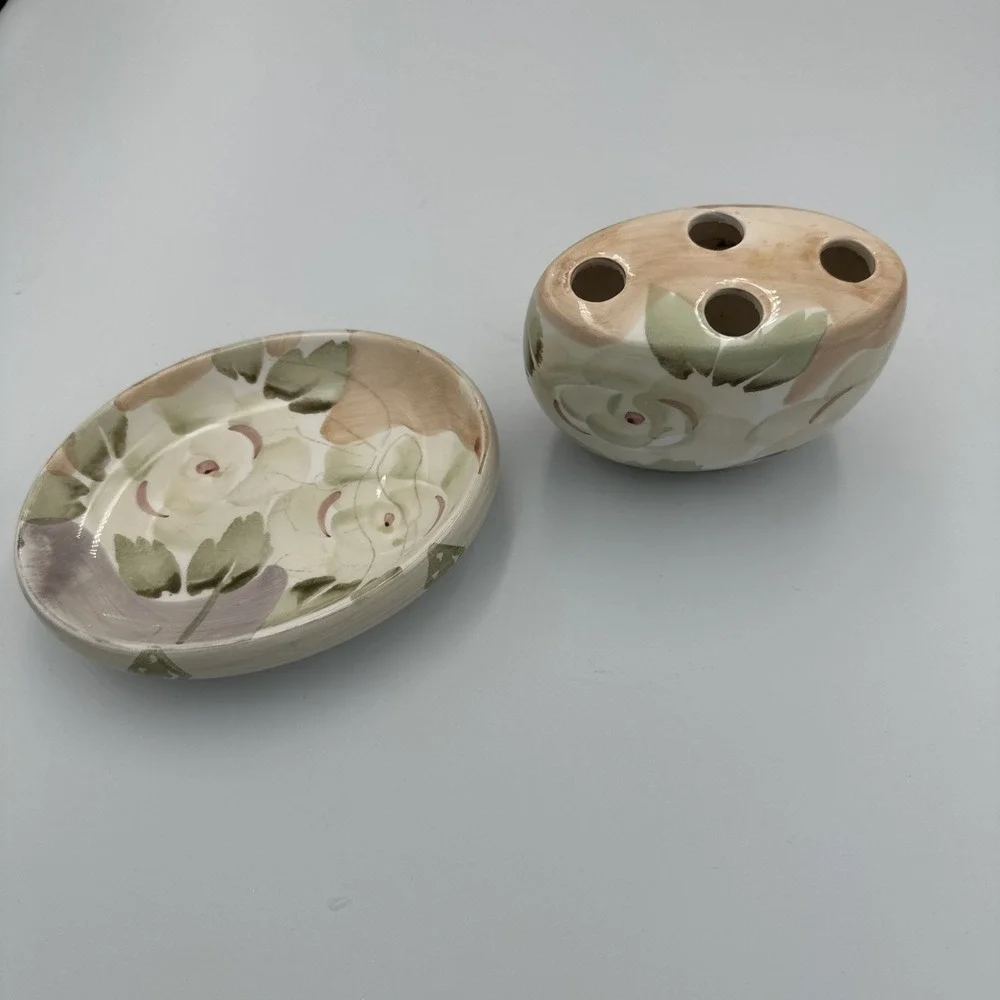 Vintage 90s Floral‎ Ceramic Toothbrush Holder Soap Dish Set Botanical Peach Sage